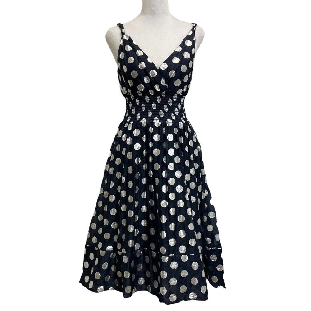 Rubber Ducky Productions Blue & Silver Polka Dot Smocked Pinup Swing Dress